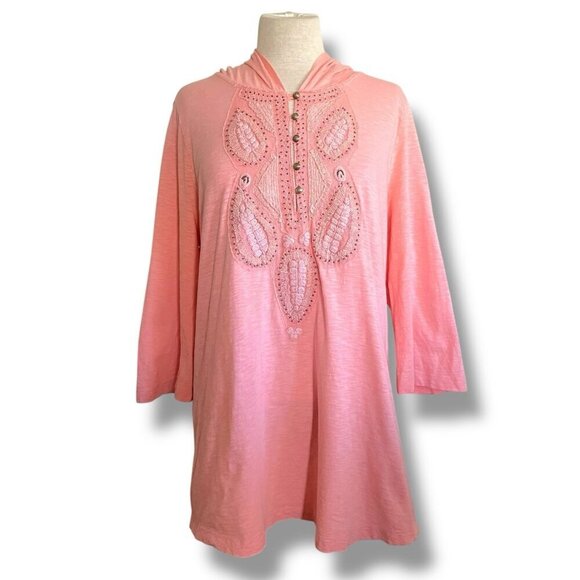 Soft Surroundings Womens Tunic Top Sz XL Peach Boho Embroidered Coastal Hoodie - Picture 1 of 7
